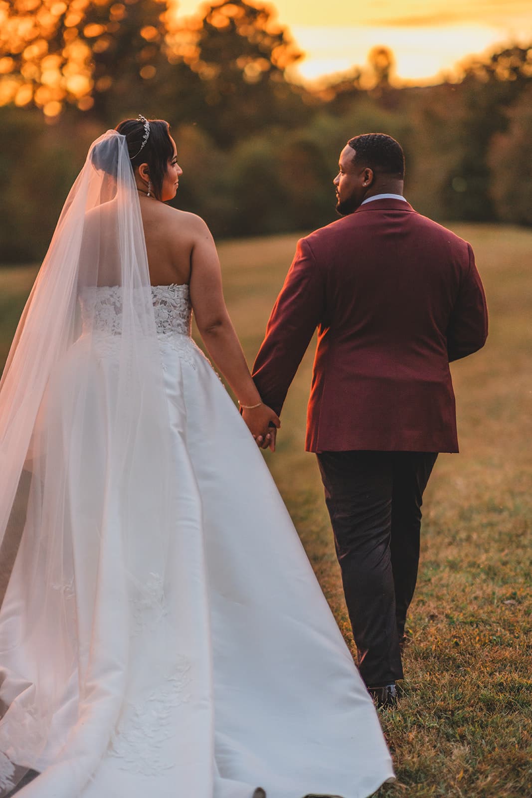 Couple at golden hour on their wedding day